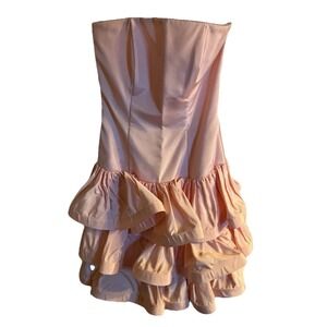 VTG 80s Blush Pink satin drop V waist Strapless  Layered ruffle mini Party dress